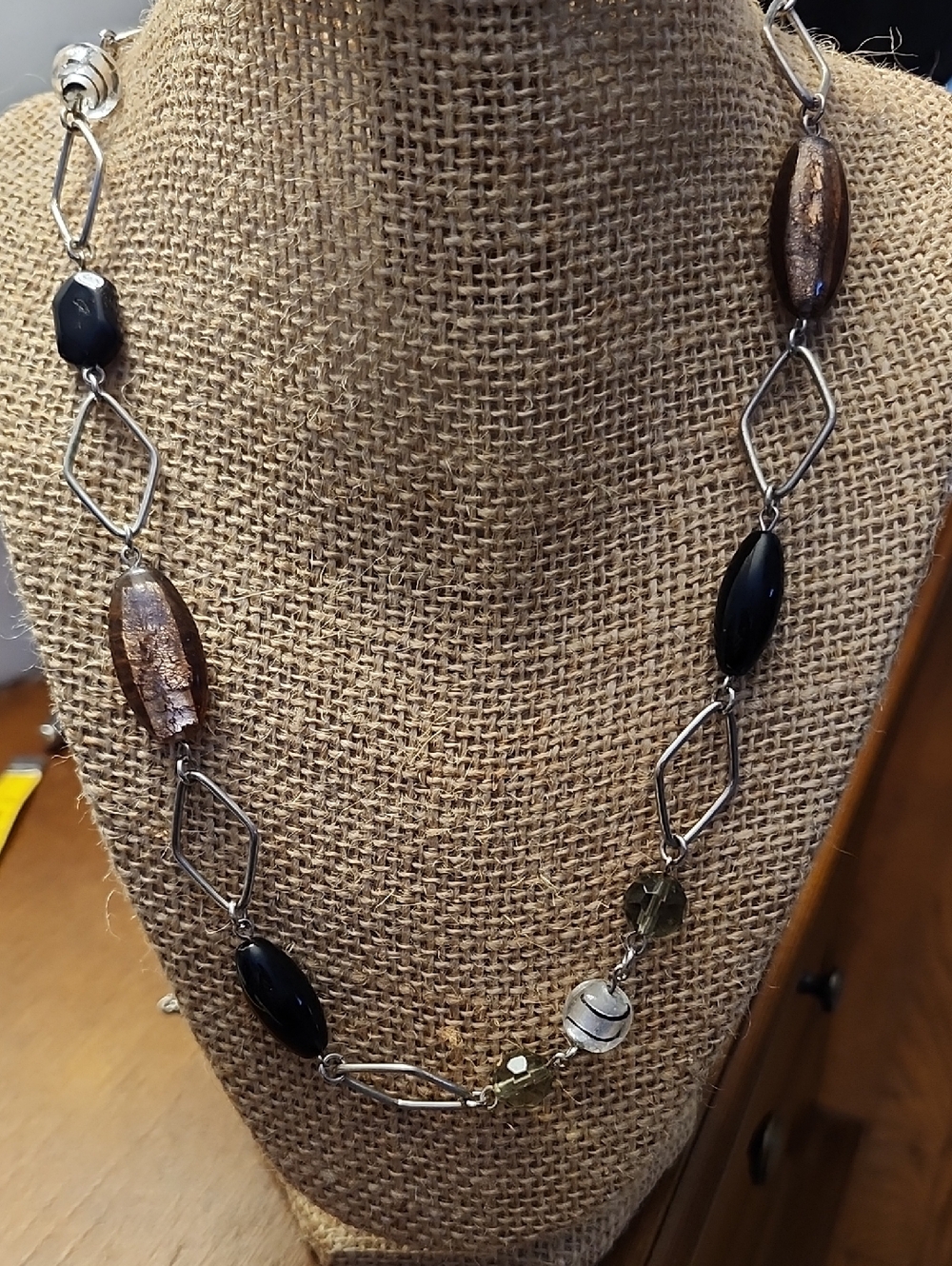 Lia Sophia Long Beaded Statement Necklace in Black and Brown